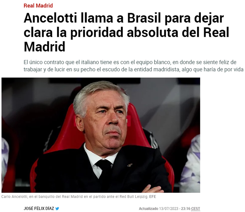 Jornal espanhol Marca aponta que Ancelotti segue com 'prioridade absoluta no Real Madrid' — Foto: Reprodução
