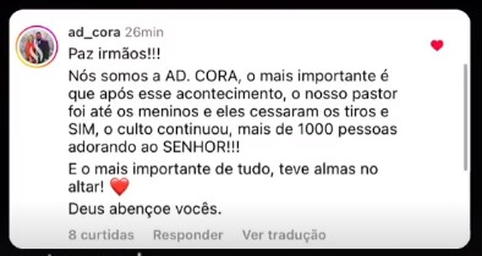 Em publicação, pastor comentou que tiros pararam após pedido e que culto continuou — Foto: Reprodução