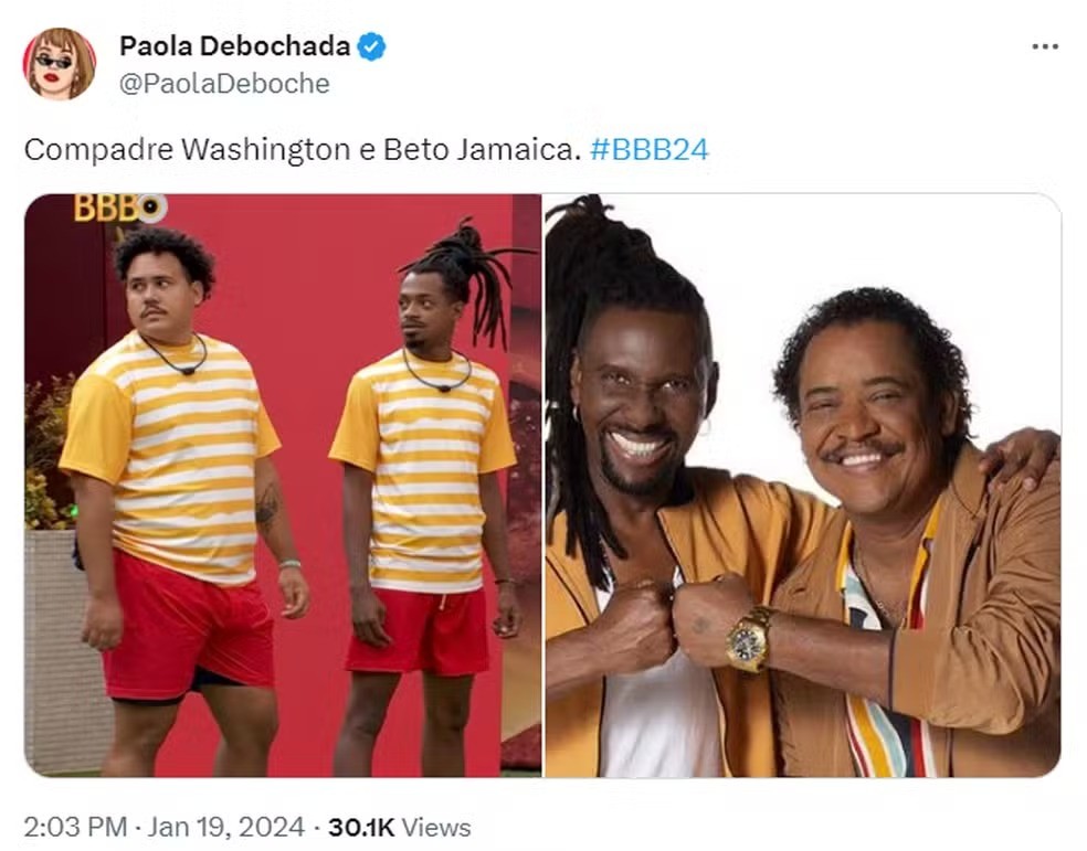 Após Lucas Henrique e Luigi venceram juntos a prova do líder, a web começou a compará-los com Compadre Washington e Beto Jamaica, do É o Tchan! — Foto: Reprodução/Twitter