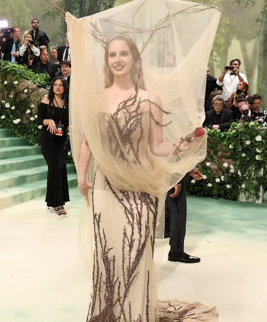 Lana Del Rey também foi citada por vestido inspirado em árvore e espécie de mosquiteiro cobrindo rosto — Foto: Getty Images