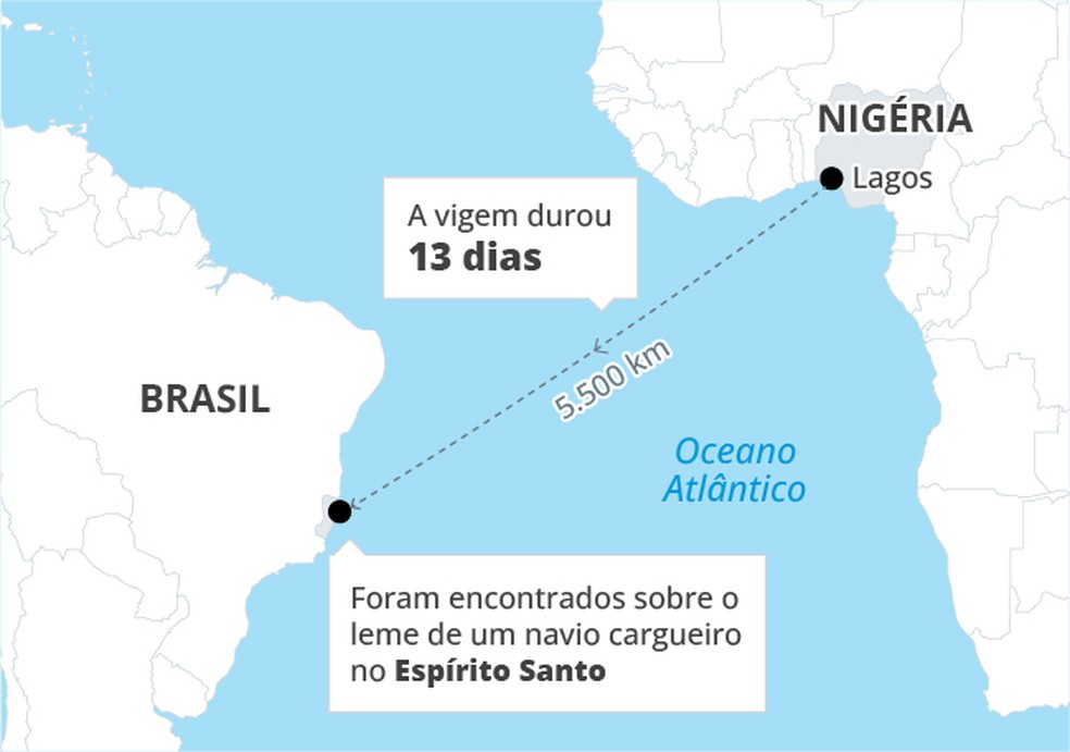 Mapa mostra o trajeto feito por navio cargueiro que levou quatro pessoas escondidas sobre leme — Foto: Arte O Globo
