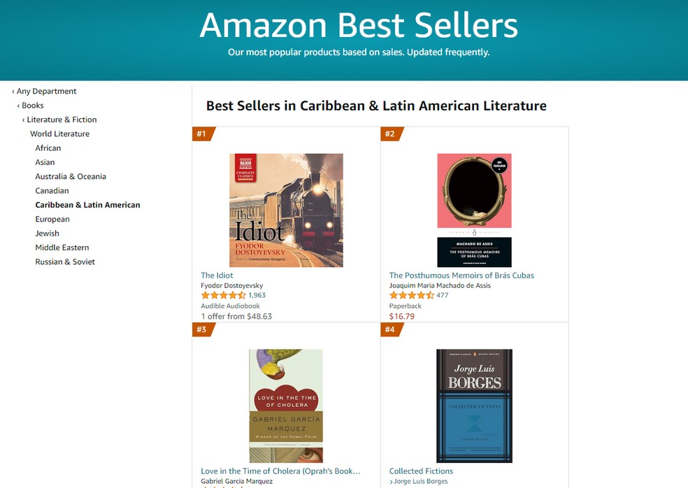 Lista da Amazon na categoria literatura latino-americana e caribenha — Foto: Reprodução Amazon