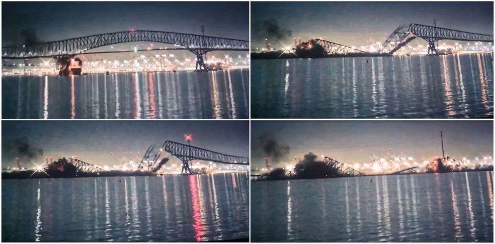 Ao menos 20 pessoas estão desaparecidas após ponte ser atingida por navio e desabar em Baltimore — Foto: Reprodução