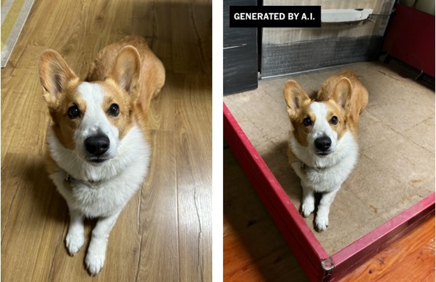 Foto original do cachorro Max (à esquerda) e imagem alterada pela IA do Photoshop: fundo com a imagem de um canil foi inserido artificialmente