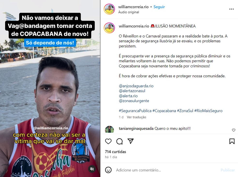 O lutador William Correia, morador de Copacabana, volta a ameaçar ladrões — Foto: Reprodução do Instagram