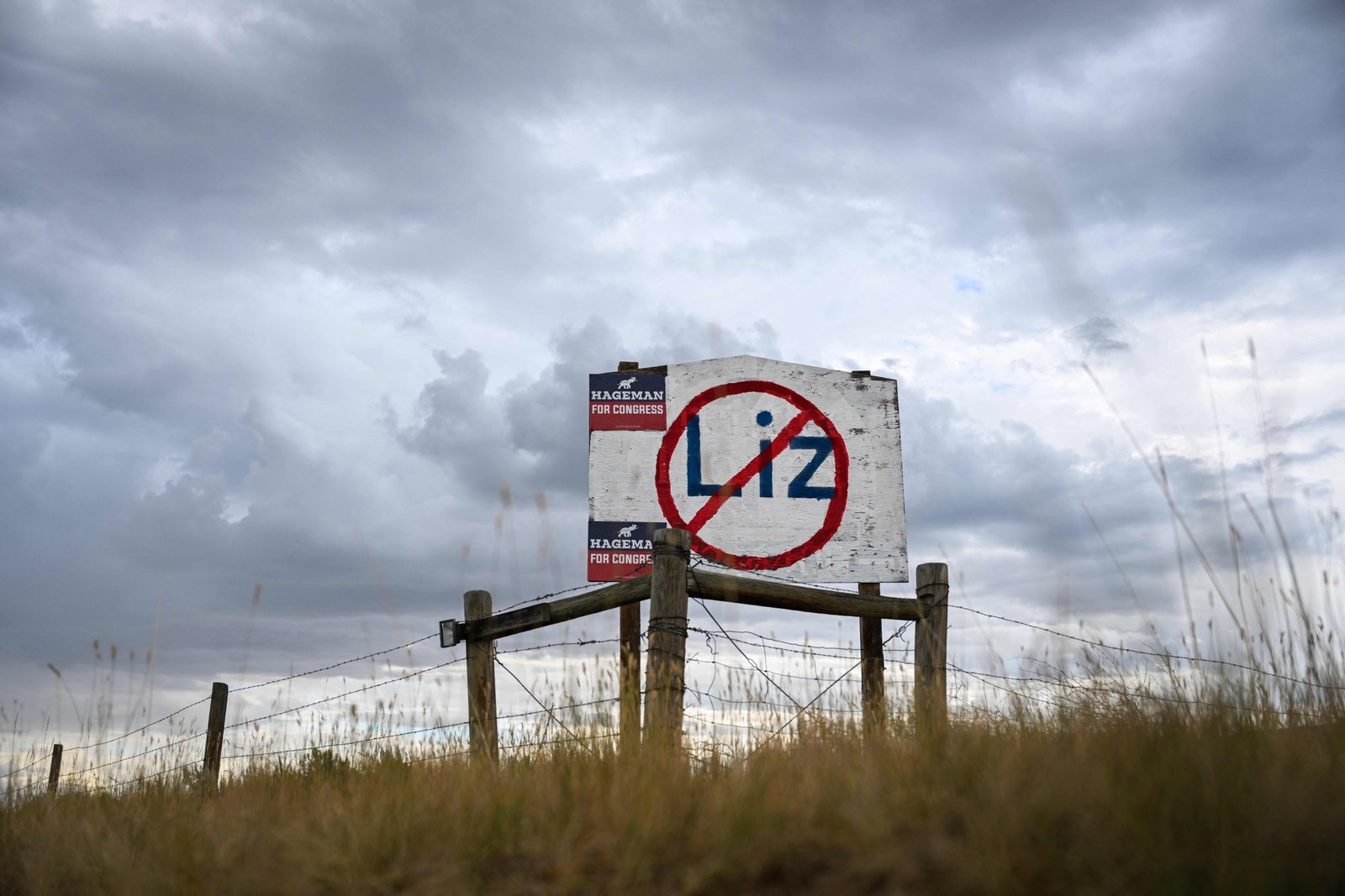 Placa pintada à mão em protesto contra Liz Cheney, congressista anti-Trump q disputa primárias republicana Harriet Hageman em Casper, Wyoming, EUA  — Foto: PATRICK T. FALLON / AFP