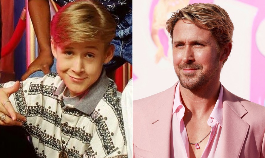 Ryan Gosling, em dois tempos: em 1993, com 13 anos; à direita, em cena do filme 'Barbie' (2023)