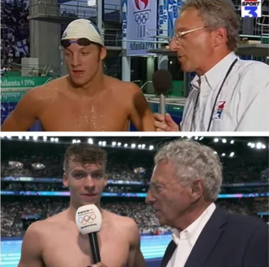 Separados por 28 anos: Xavier Marchand (acima) e Leon Marchand concedem entrevista após classificação para a final olímpica dos 200m medley