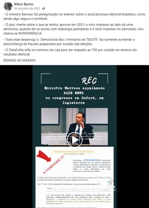 O militar reformado e ex-major Ailton Barros disparou fakenews no Facebook contra o STF e o ministro Barroso