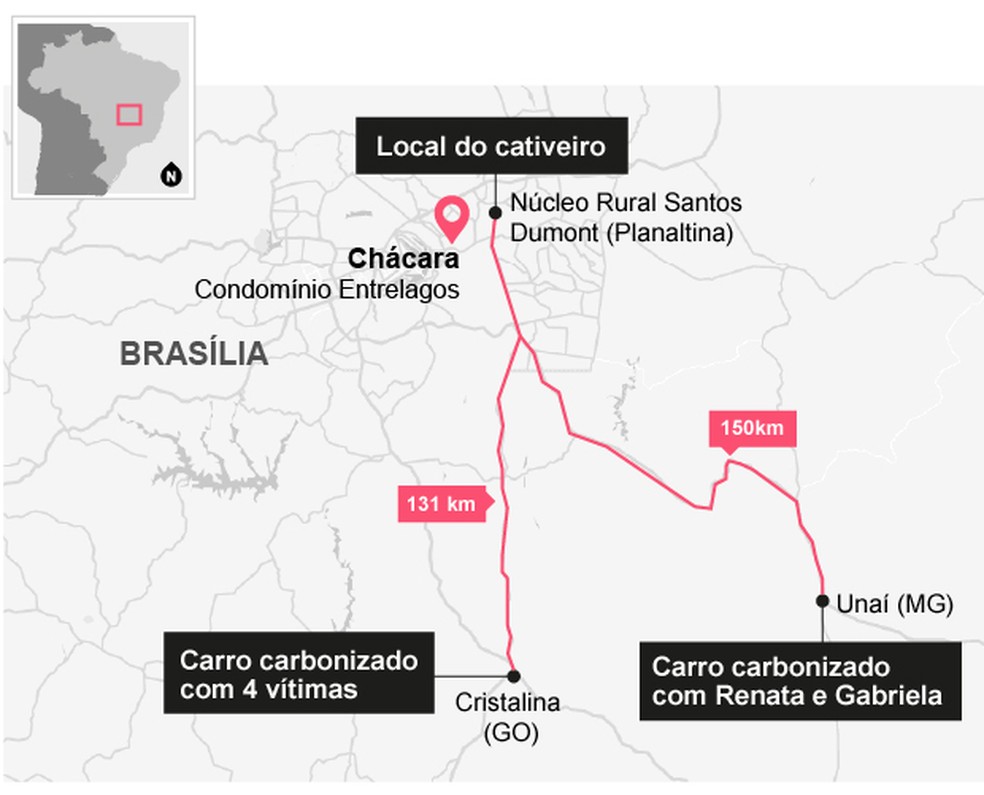 Corpos das vítimas foram encontradas no Distrito Federal, Minas Gerais e Goiás — Foto: Editoria Arte