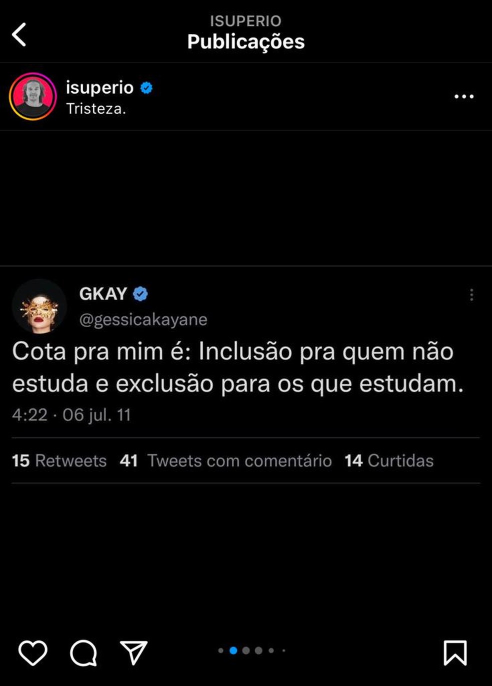 Tweet antigo de G-kay causou polêmica nas redes sociais — Foto: Reprodução/Instagram