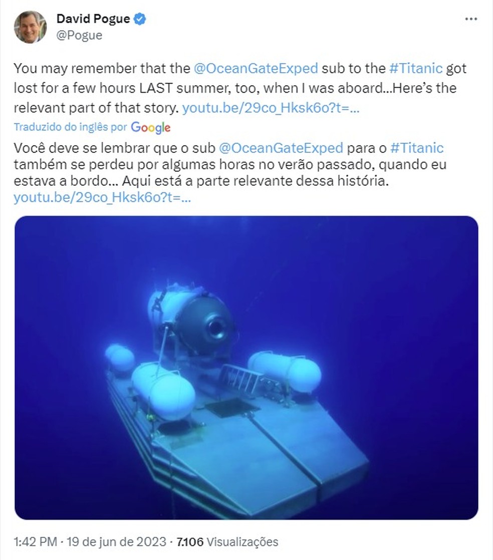 Repórter David Progue lembra de quando esteve em expedição no submarino que tentou achar os destroços do Titanic — Foto: Reprodução
