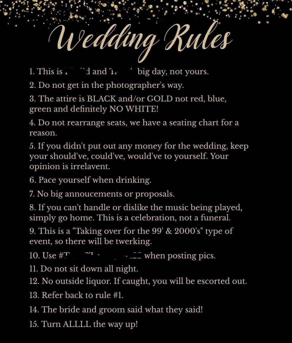 Lista com regras de conduta para cerimônia e festa de casamento viraliza nas redes sociais — Foto: Reprodução