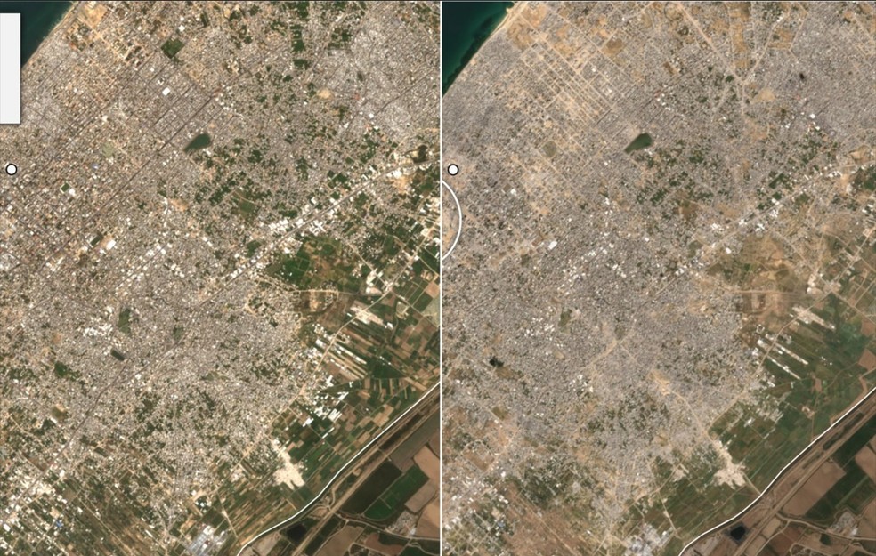 Imagens de satélite de gaza — Foto: Misión Sentinel 2, OpenStreetMap.