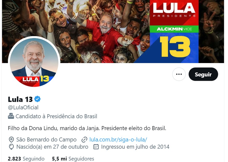 Após vitória, Lula alterou biografia do Twitter: 'Presidente eleito do Brasil'