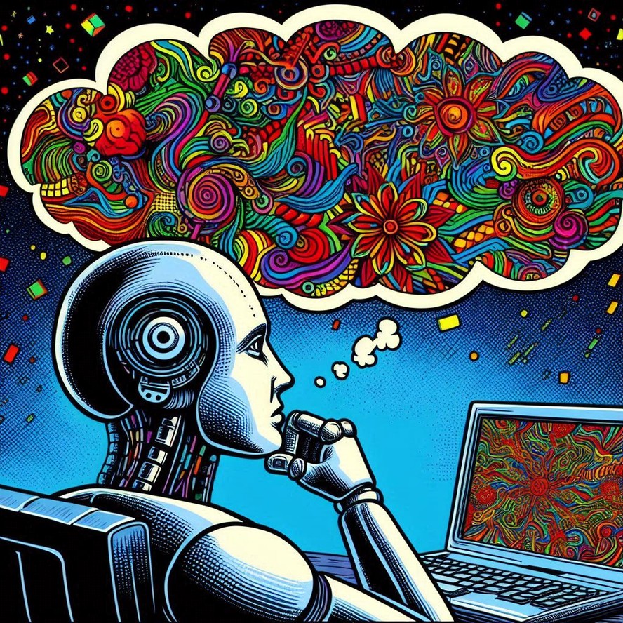 Ilustração gerada por inteligência artificial mostra robô tendo pensamentos 'alucinados'