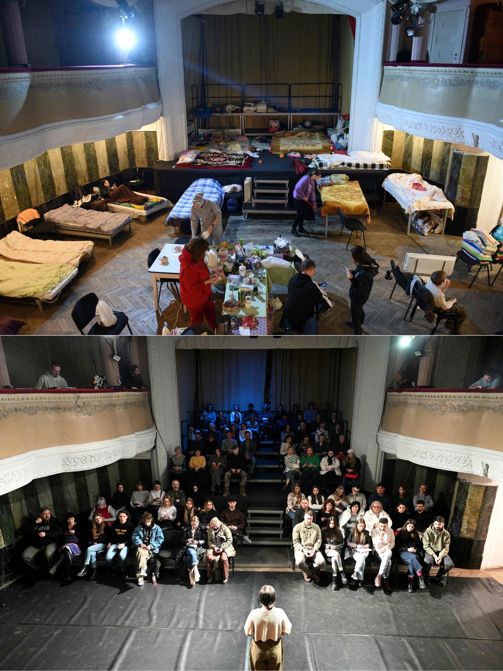 28/02/2022: Acima, cidadãos ucranianos buscam abrigo no Teatro Acadêmico Les Kurbas, em Lviv. 09/02/2024: Abaixo, cidadãos acompanham peça teatral no mesmo local — Foto: YURIY DYACHYSHYN