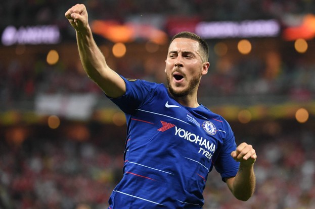 Em 2019 pelo Chelsea, Eden Hazard, comemora seu gol durante a final da UEFA Europa League entre Chelsea FC e Arsenal FC