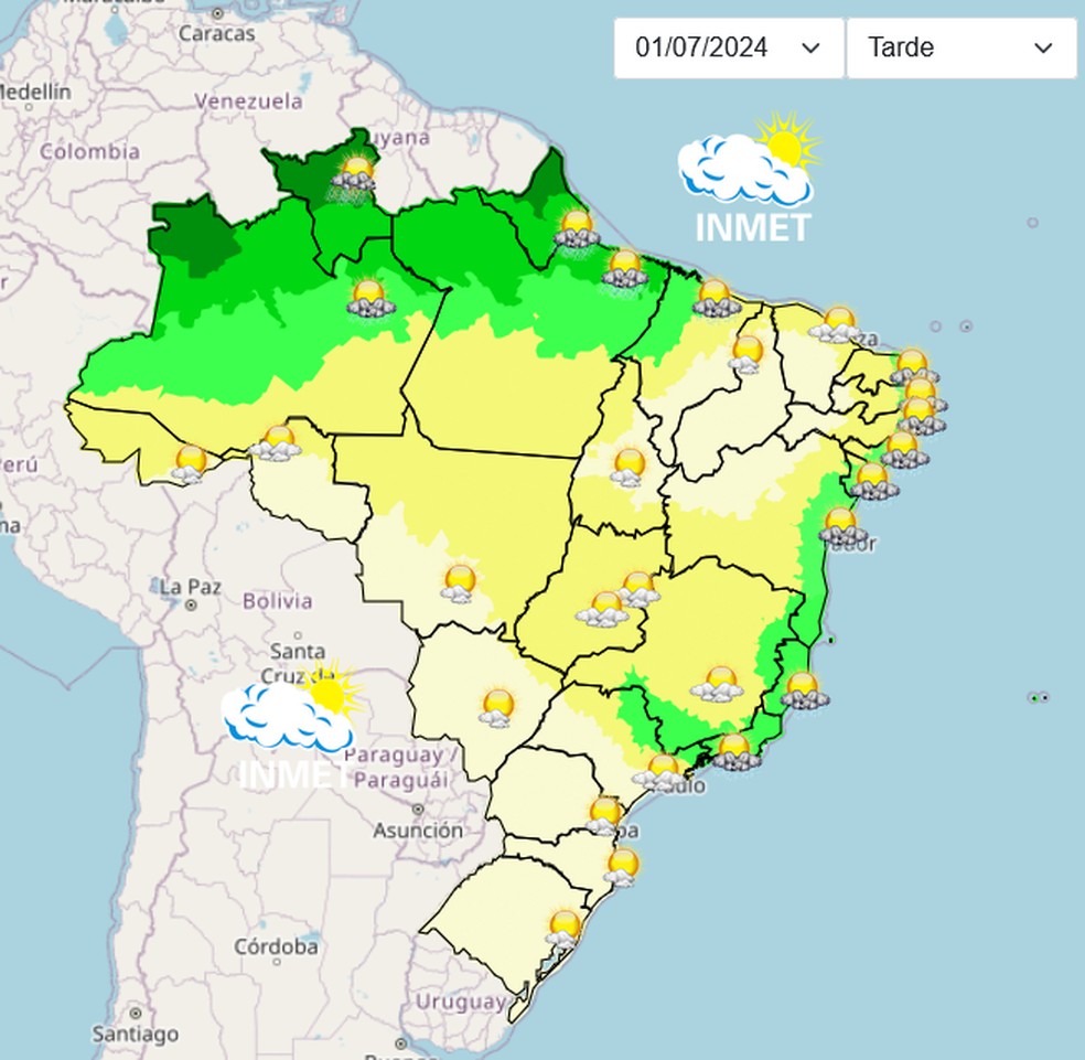 Previsão do Inmet para esta segunda-feira, 1º de julho de 2024. — Foto: Inmet