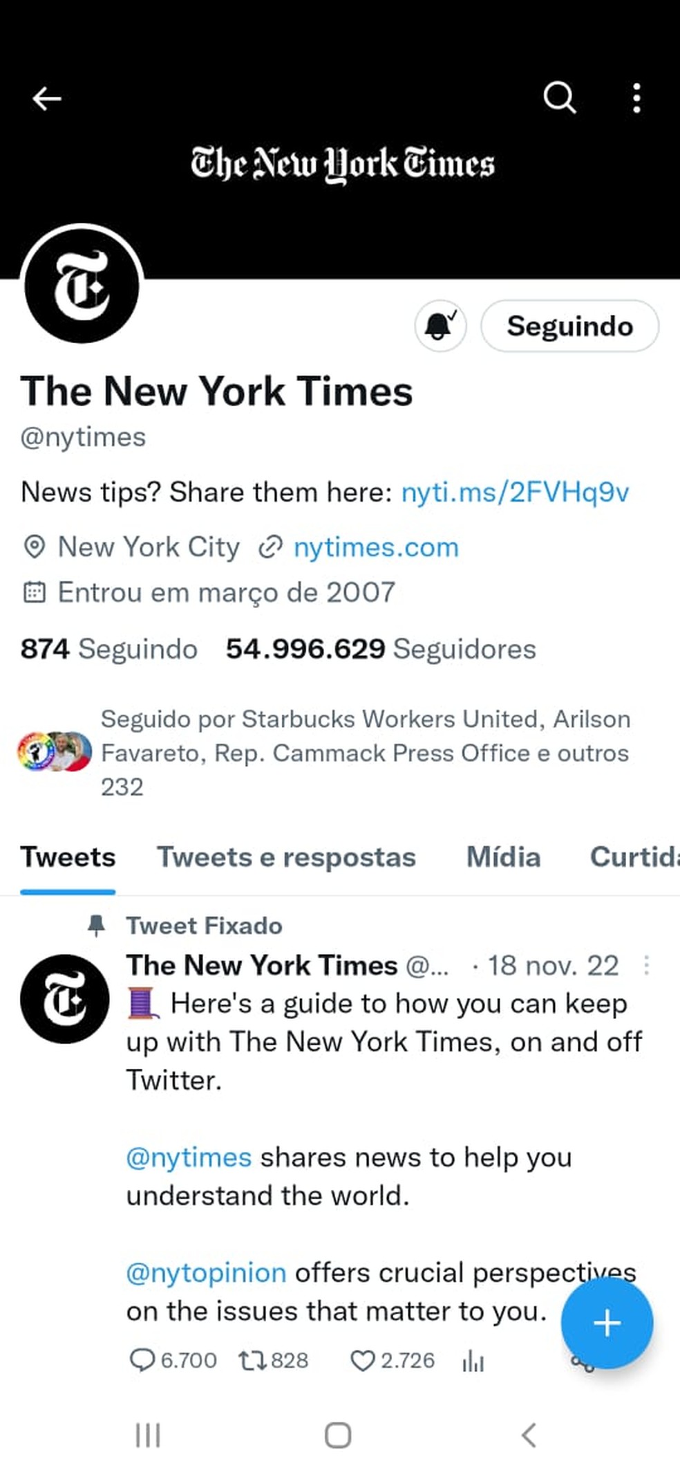 Página principal do New York Times aparece sem selo de verificação no Twitter — Foto: Reprodução