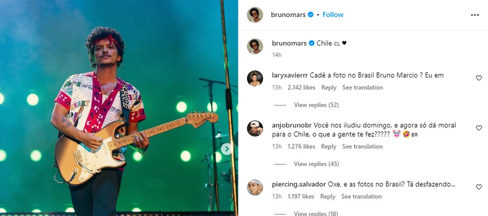 Brasileiros reclamam no Instagram de Bruno Mars — Foto: Instagram