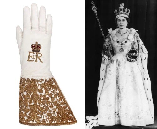 Luva usada pela Rainha Elizabeth II (1926-2022) em sua coroação em 1953 — Foto: Divulgação