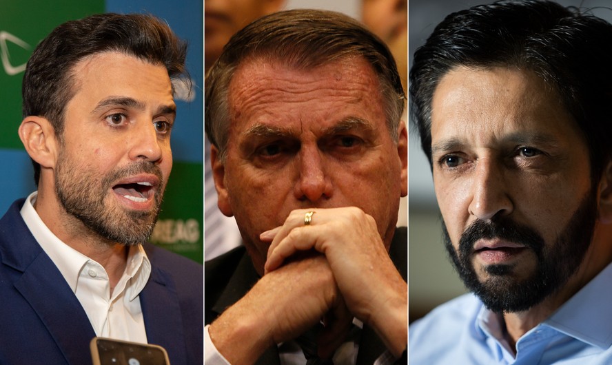 Da esquerda para a direita: o coach Pablo Marçal (PRTB), o ex-presidente Jair Bolsonaro (PL) e o prefeito de São Paulo, Ricardo Nunes (MDB)