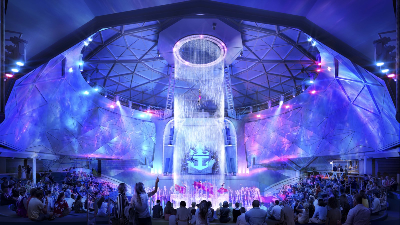 Na parte da frente do Icon of the Seas, o AquaDome  será o novo espaço para o show de acrobacias aquáticas, com direito a uma enorme cachoeira artificial indoor — Foto: Divulgação