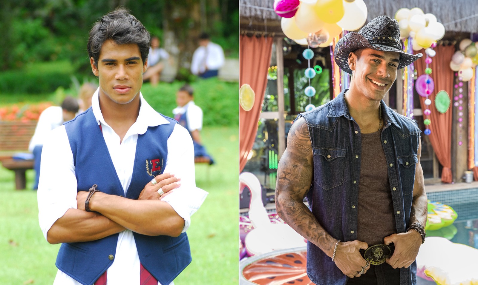 O ator e cantor Micael: à esquerda, na novela 'Rebelde' (2011); à direita, na novela 'Fuzuê' (2023) — Foto: Divulgação