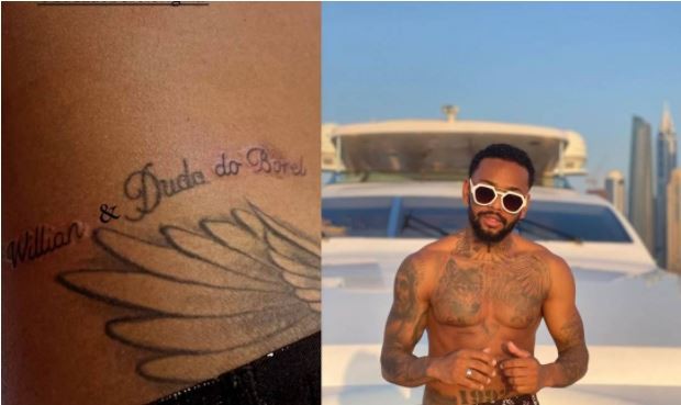 Tatuagem polêmica que Nego divulgou após "emendar" dois nomes ao de Duda — Foto: Reprodução