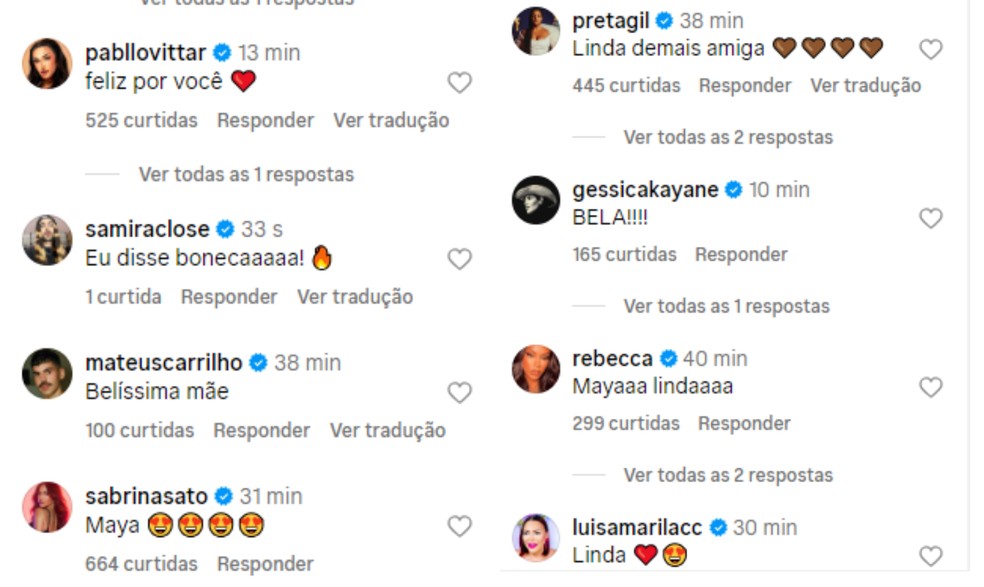 Celebridades como Pablo Vittar, Preta Gil, Rebecca e Gkay deixaram comentários de carinho e apoio para a influenciadora — Foto: Reprodução/Instagram