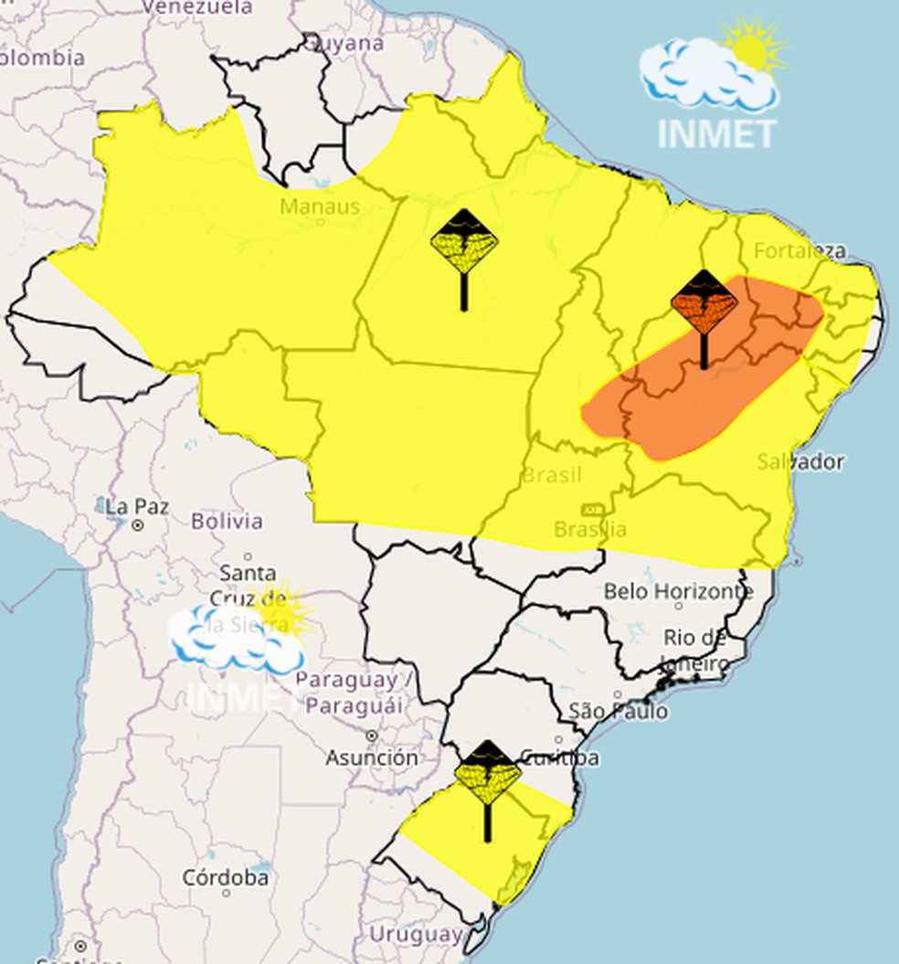 Inmet emite três alerta em diferentes regiões do país — Foto: Reprodução