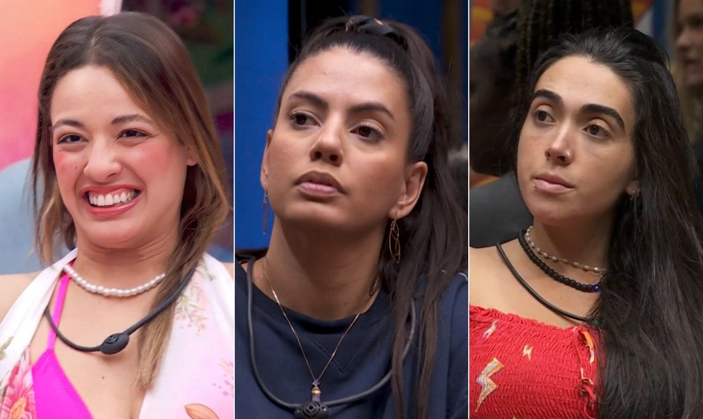 Da esquerda para a direita, Beatriz, Fernanda e Giovanna: participantes do BBB 24 no paredão — Foto: Reprodução/TV Globo