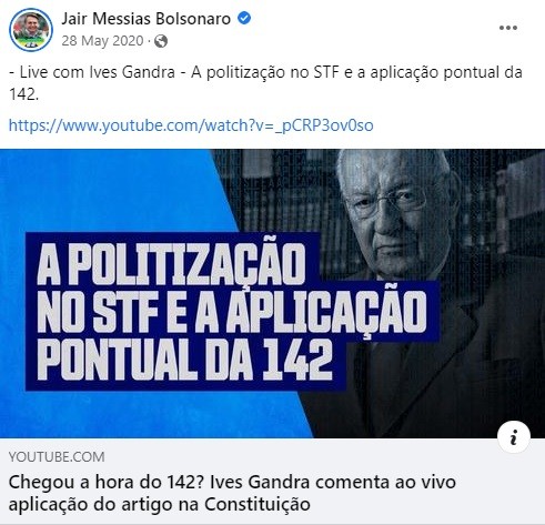 28/05/2020 - Compartilhamento nas redes sociais de vídeo que sugere ação das Forças Armadas contra outros Poderes — Foto: Reprodução