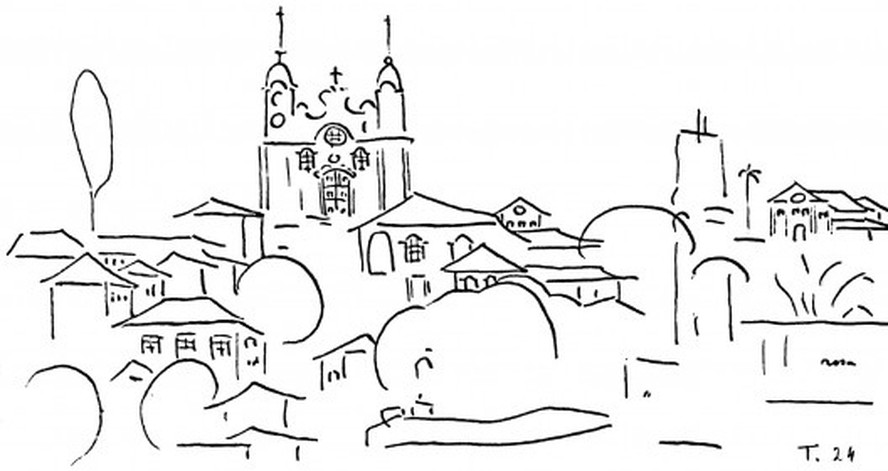Vista de São João del Rei em desenho de Tarsila do Amaral