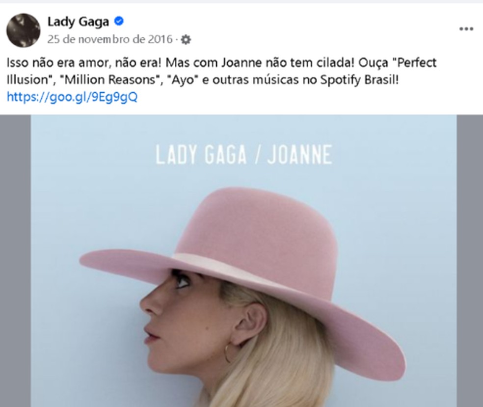 Post de Lady Gaga em 2016 — Foto: Reprodução