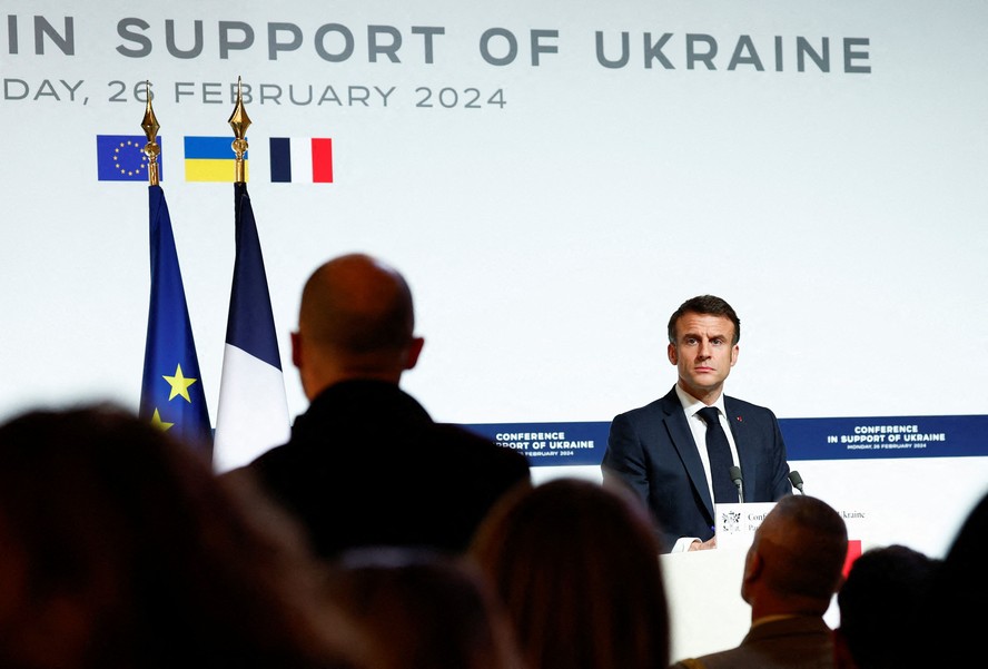 Presidente da França, Emmanuel Macron, durante conferência de apoio à Ucrânia