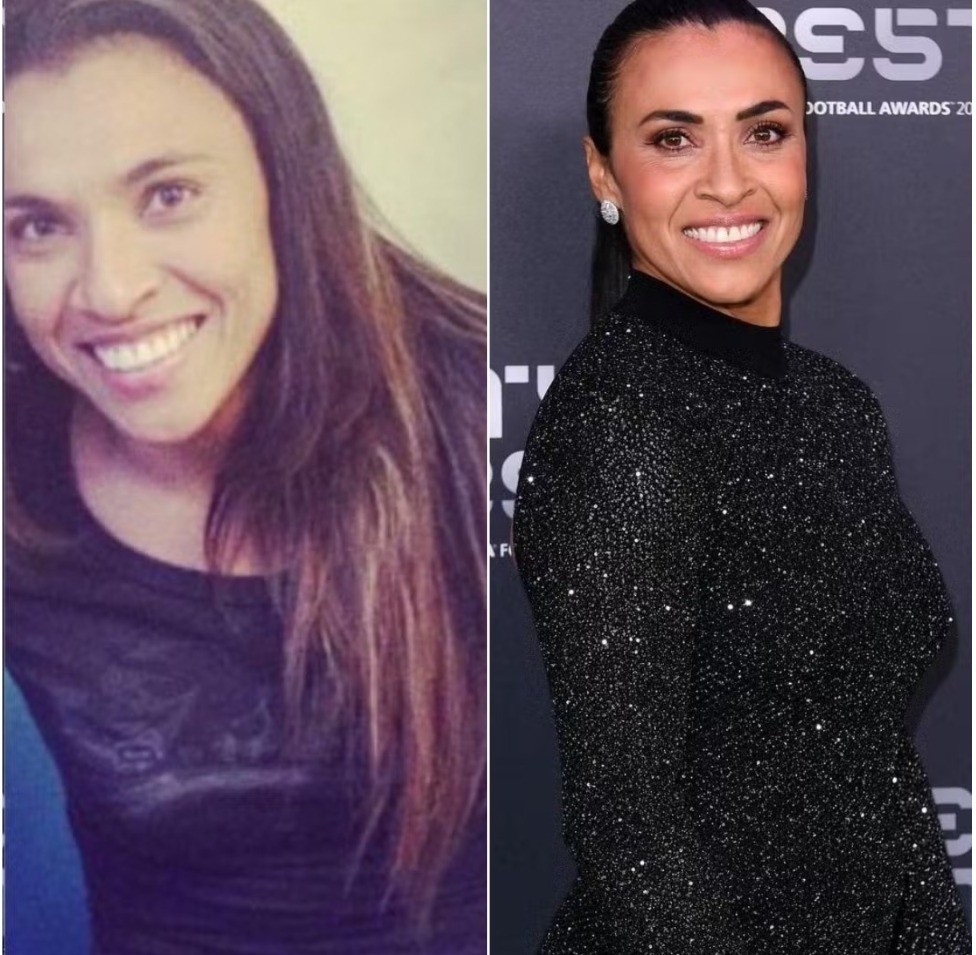 A jogadora de futebol Marta  manteve o seu cabelo longo, mas agora sem luzes. Ela também aposta mais em um visual com maquiagem — Foto: Reprodução / Redes sociais