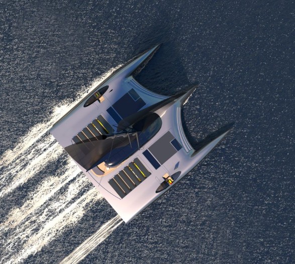 Trimarã Domus tem deck único sem degraus disposto sobre três cascos — Foto: Reprodução