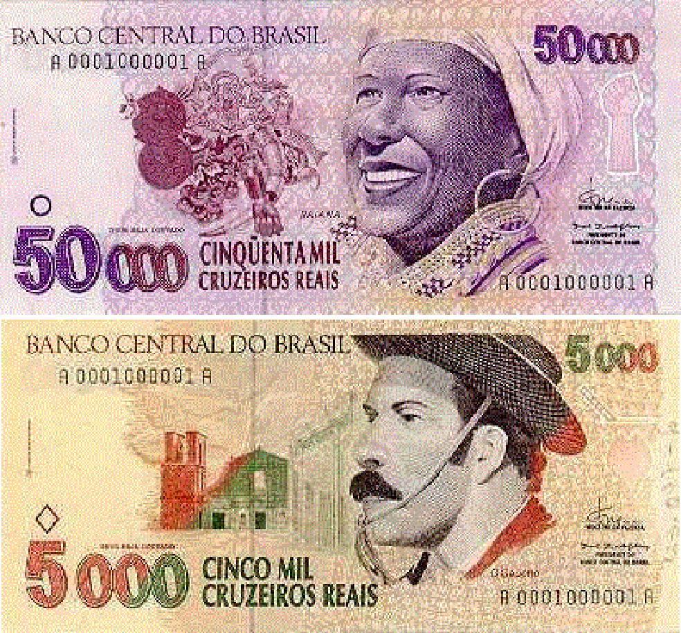 Notas de R$50.000,00 e R$ 5.000,00 cruzeiros representavam figuras humanas típicas de determinadas regiões, como a baiana e gaúcho — Foto: Reprodução/Banco Central do Brasil