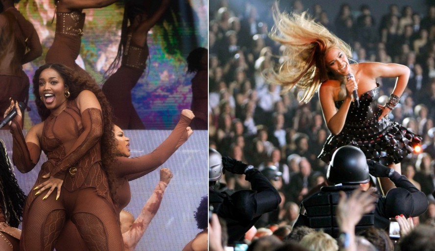 Fãs notaram influência de Beyoncé (esq) no show do Iza
