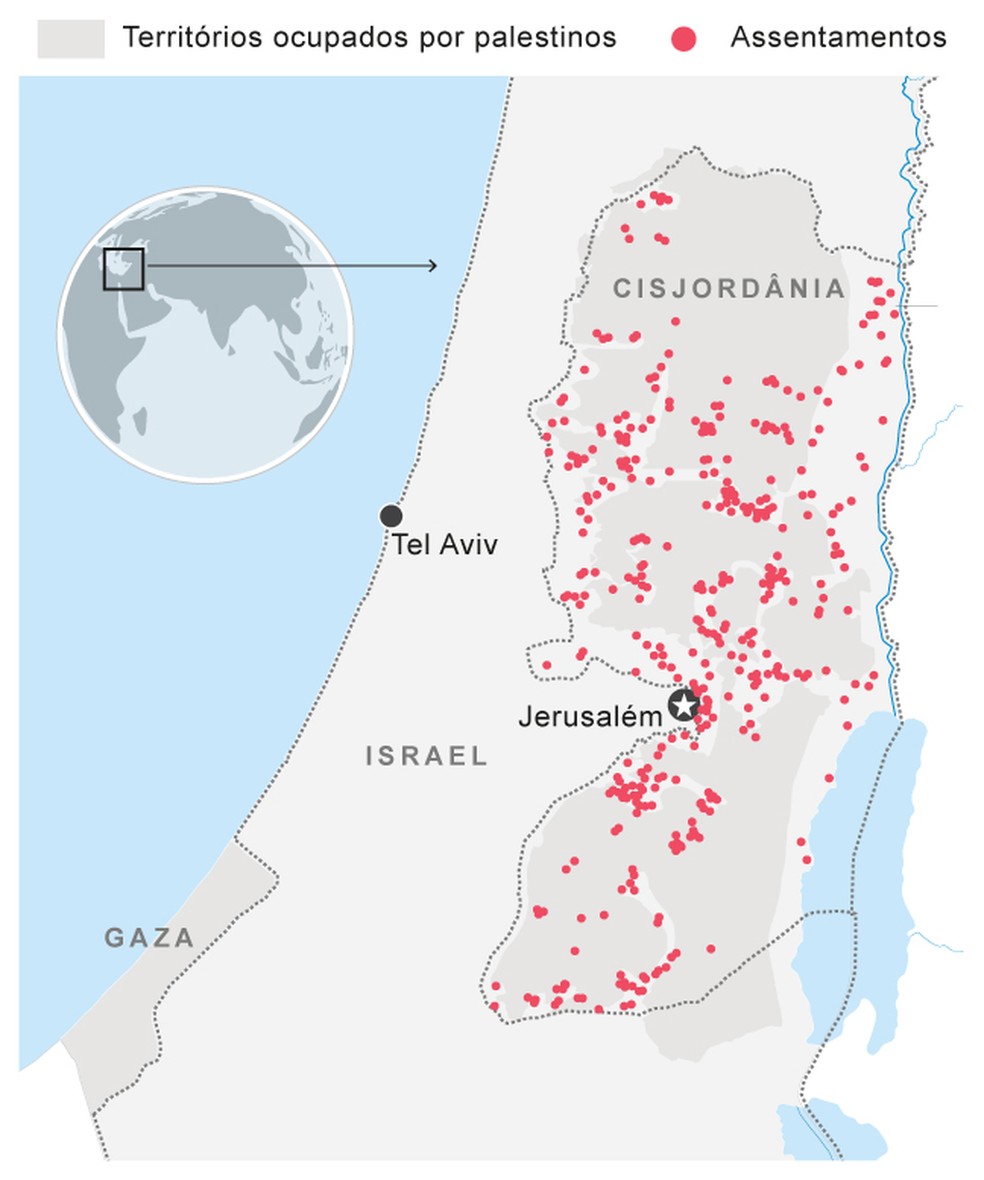 Mapa de colônias israelenses na Cisjordânia — Foto: Editoria de Arte