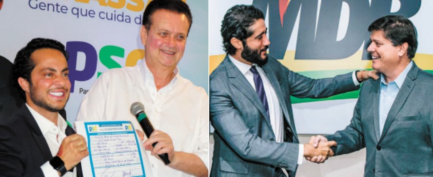 Kassab (direita) com Thammy Miranda, que trocou o PL pelo PSD em SP; e Baleia Rossi (direita), presidente do MDB, cumprimentando Gabriel Azevedo