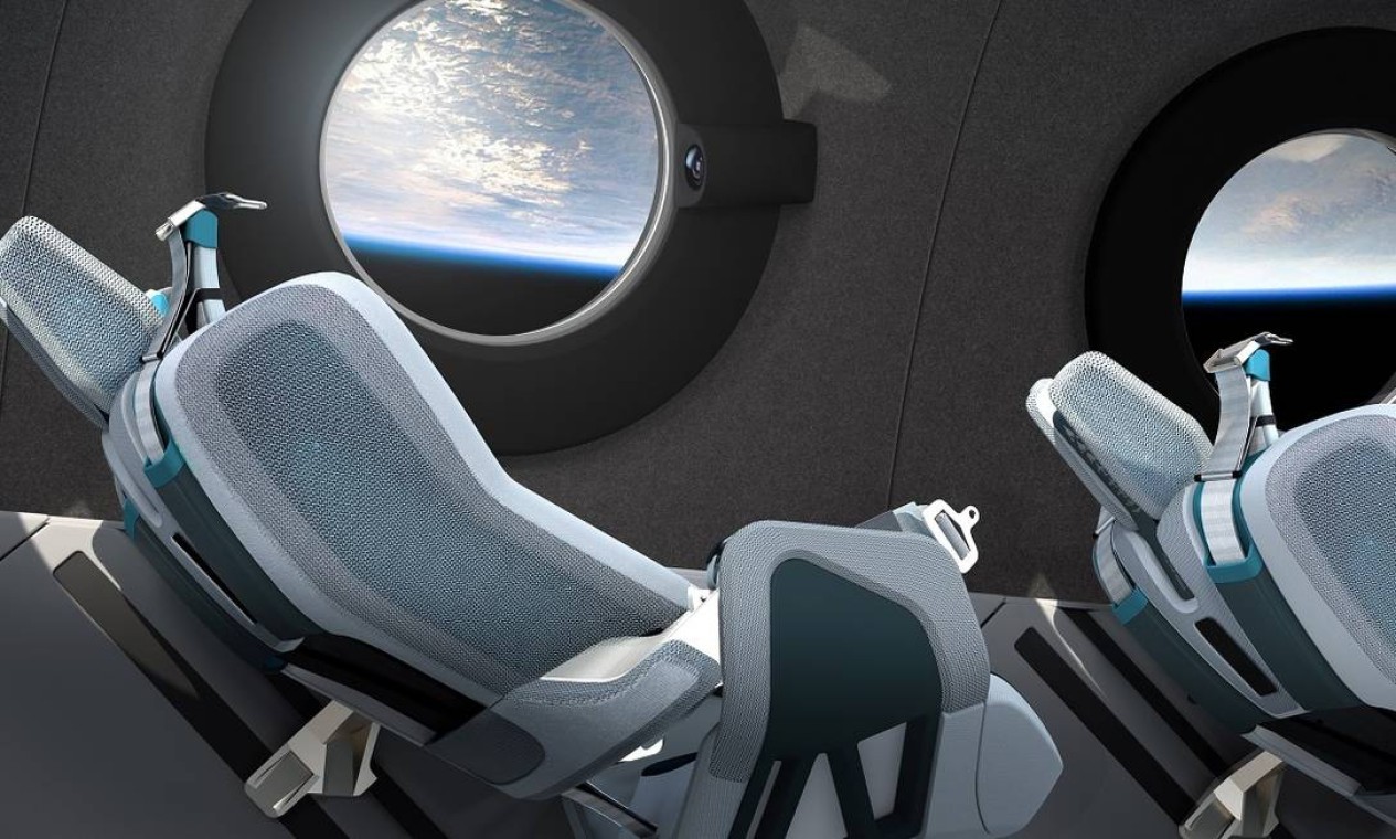 A nave da Virgin Galatic tem câmeras instaladas junto à janela para que o passageiro possa fazer selfies com a Terra ao fundo — Foto: Virgin Galactic / Divulgação / Via Reuters