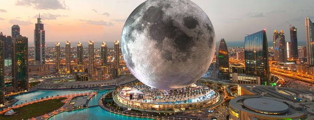 Projeto mostra como seria o Moon World Resort em Dubai: prédio no formato da Lua e atrações temáticas — Foto: Reprodução / Moon World Resort