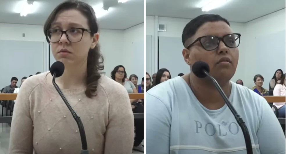 Yasmin Vaz dos Santos Rodrigues e Bruna Nathiele Porto da Rosa durante julgamento — Foto: Reprodução/YouTube/TJRS