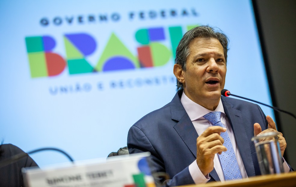 O ministro da Fazenda, Fernando Haddad, durante a apresentação do novo arcabouço fiscal — Foto: Diogo Zacarias/MF