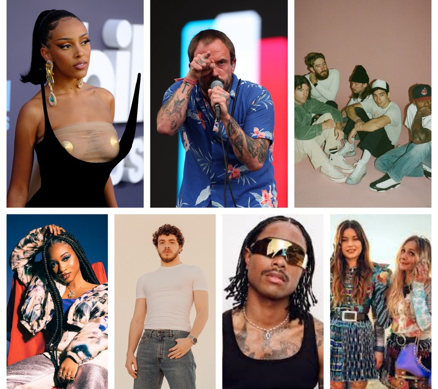 Os artistas do Grammy 2023, do alto, em sentido horário: Doja Cat, IDLES, Turnstile, Wet Leg, Steve Lacy, Jack Harlow e Nija Charles