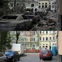 06/07/2023: Acima, destruição na cidade de Lviv após ataque de míssil. 10/02/2024: Abaixo, a reconstrução dos prédios atingidos — Foto: YURIY DYACHYSHYN