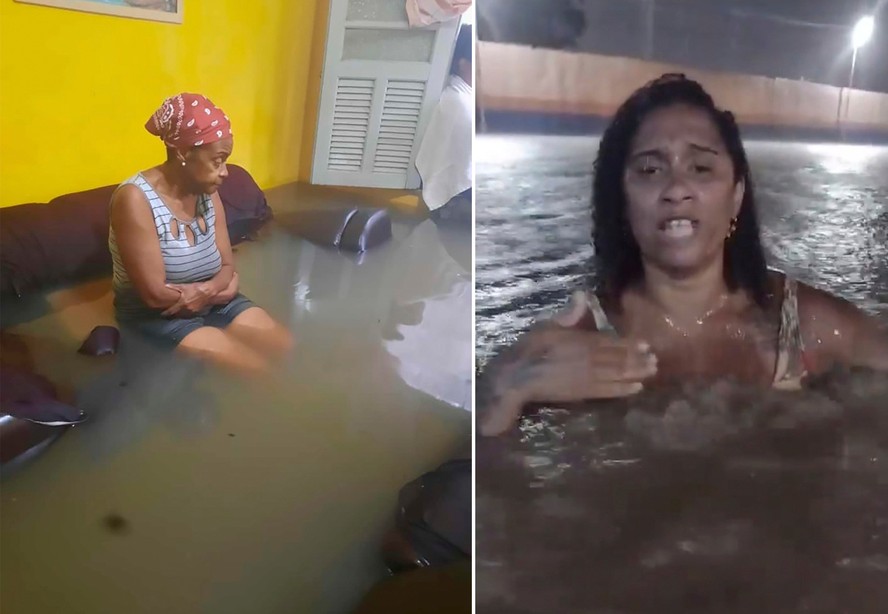 Norma de Morais, de 70 anos, na casa inundada pela chuva no Jardim América, Zona Norte do Rio; e Viviane Lopes, de 44 anos, com água na altura dos ombros no Jardim Canaã, em Nova Iguaçu